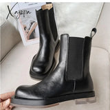 Xajzpa - 2023 New Square Toe Women Chelsea Boots Thick Sole Platform Ankle Black Autumn Botas Mujer