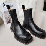 Xajzpa - 2023 New Square Toe Women Chelsea Boots Thick Sole Platform Ankle Black Autumn Botas Mujer