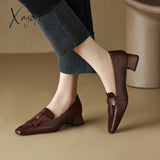 Xajzpa - 2023 Spring/Autumn Women Loafers Square Toe Chunky Heel Shoes New Split Leather Retro