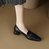 Xajzpa - 2023 Spring/Autumn Women Loafers Square Toe Chunky Heel Shoes New Split Leather Retro