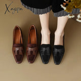 Xajzpa - 2023 Spring/Autumn Women Loafers Square Toe Chunky Heel Shoes New Split Leather Retro