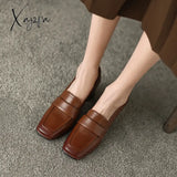 Xajzpa - 2023 Spring New Cow Leather Women Shoes Leisure Slip-On Shallow Pumps Square Toe High