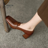 Xajzpa - 2023 Spring New Cow Leather Women Shoes Leisure Slip-On Shallow Pumps Square Toe High