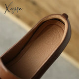 Xajzpa - 2023 Spring New Cow Leather Women Shoes Leisure Slip-On Shallow Pumps Square Toe High