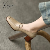 Xajzpa - 2023 Spring New Cow Leather Women Shoes LEISURE Women Slip-On Shallow Pumps Square Toe High Heels Shoes Women Zapatos De Mujer