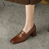 Xajzpa - 2023 Spring New Cow Leather Women Shoes Leisure Slip-On Shallow Pumps Square Toe High