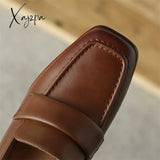 Xajzpa - 2023 Spring New Cow Leather Women Shoes Leisure Slip-On Shallow Pumps Square Toe High