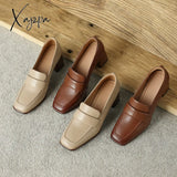 Xajzpa - 2023 Spring New Cow Leather Women Shoes Leisure Slip-On Shallow Pumps Square Toe High