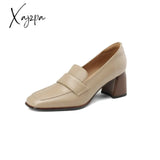 Xajzpa - 2023 Spring New Cow Leather Women Shoes Leisure Slip-On Shallow Pumps Square Toe High