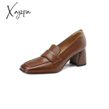 Xajzpa - 2023 Spring New Cow Leather Women Shoes Leisure Slip-On Shallow Pumps Square Toe High