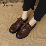 Xajzpa - 2023 Spring Women Loafers Split Leather Shoes Round Toe Square Heel Casual Lace-Up Low