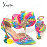 Xajzpa - 2023 Summer Fashion Rhinestone Pointed Toe Women's High Heels Sexy Party Rainbow Colors Wedding Evening Shoes and Bags Set