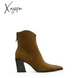 Xajzpa - 2023 Winter New Trend Tobacco Brown Suede Pointed Toe Back Zip Short Boots Chunky Heel