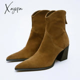 Xajzpa - 2023 Winter New Trend Tobacco Brown Suede Pointed Toe Back Zip Short Boots Chunky Heel