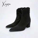 Xajzpa - 2023 Winter New Trend Tobacco Brown Suede Pointed Toe Back Zip Short Boots Chunky Heel