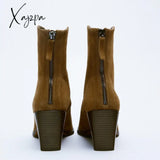 Xajzpa - 2023 Winter New Trend Tobacco Brown Suede Pointed Toe Back Zip Short Boots Chunky Heel