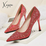 Xajzpa - 2023 Women 6.5cm 9.5cm High Heels Glitter Low Heels Evening Rhinestone Pumps Lady Wedding Bridal Bling Crystal Scarpins Shoes