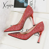 Xajzpa - 2023 Women 6.5Cm 9.5Cm High Heels Glitter Low Evening Rhinestone Pumps Lady Wedding Bridal