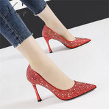 Xajzpa - 2023 Women 6.5Cm 9.5Cm High Heels Glitter Low Evening Rhinestone Pumps Lady Wedding Bridal