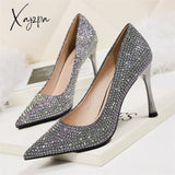 Xajzpa - 2023 Women 6.5Cm 9.5Cm High Heels Glitter Low Evening Rhinestone Pumps Lady Wedding Bridal