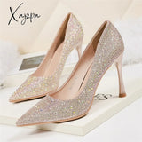 Xajzpa - 2023 Women 6.5Cm 9.5Cm High Heels Glitter Low Evening Rhinestone Pumps Lady Wedding Bridal