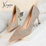 Xajzpa - 2023 Women 6.5Cm 9.5Cm High Heels Glitter Low Evening Rhinestone Pumps Lady Wedding Bridal