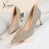 Xajzpa - 2023 Women 6.5Cm 9.5Cm High Heels Glitter Low Evening Rhinestone Pumps Lady Wedding Bridal