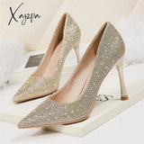 Xajzpa - 2023 Women 6.5Cm 9.5Cm High Heels Glitter Low Evening Rhinestone Pumps Lady Wedding Bridal