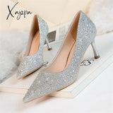 Xajzpa - 2023 Women 6.5Cm 9.5Cm High Heels Glitter Low Evening Rhinestone Pumps Lady Wedding Bridal