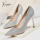 Xajzpa - 2023 Women 6.5Cm 9.5Cm High Heels Glitter Low Evening Rhinestone Pumps Lady Wedding Bridal