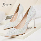 Xajzpa - 2023 Women 6.5Cm 9.5Cm High Heels Glitter Low Evening Rhinestone Pumps Lady Wedding Bridal