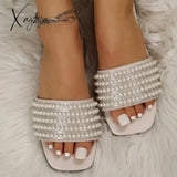 Xajzpa - 2023 Women Rhinestone Faux Pearl Decor Flat Sandals Glamorous White Slide Sandals Summer Outdoor Beach Sexy Woman Slippers