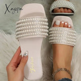 Xajzpa - 2023 Women Rhinestone Faux Pearl Decor Flat Sandals Glamorous White Slide Summer Outdoor