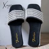 Xajzpa - 2023 Women Rhinestone Faux Pearl Decor Flat Sandals Glamorous White Slide Summer Outdoor