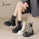 Xajzpa - 2023 Women’s Genuine Leather Matsutake Bottom Zipper Decoration Short Boots Knight Retro