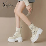 Xajzpa - 2023 Women's Genuine Leather Matsutake Bottom Zipper Decoration Short Boots Women's Knight Boots Retro Versatile Short Boots