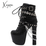 Xajzpa - 2023 Zip Metal Chains Rivet Motorcycle Boots Women Shoes Super High Heels Platform Ankle