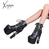 Xajzpa - 2023 Zip Metal Chains Rivet Motorcycle Boots Women Shoes Super High Heels Platform Ankle