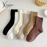 Xajzpa - 3 Pairs Lot Women Socks Cotton Retro Crew Tube Solid Color Winter Fashion Hajuruku Black