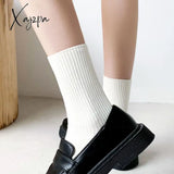 Xajzpa - 3 Pairs Lot Women Socks Cotton Retro Crew Tube Solid Color Winter Fashion Hajuruku Black