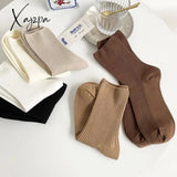 Xajzpa - 3 Pairs Lot Women Socks Cotton Retro Crew Tube Solid Color Winter Fashion Hajuruku Black