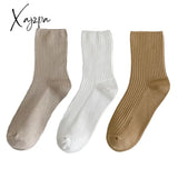 Xajzpa - 3 Pairs Lot Women Socks Cotton Retro Crew Tube Solid Color Winter Fashion Hajuruku Black