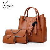 Xajzpa - 3 Pcs Solid Color Tote Bag Set Large Capacity Tassel Decor Handbag Crossbody & Flap Purse