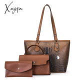 Xajzpa - 3Pcs Crocodile Embossed Bag Set Large Capacity Handbag & Crossbody Coin Purse Brown / M