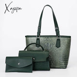 Xajzpa - 3Pcs Crocodile Embossed Bag Set Large Capacity Handbag & Crossbody Coin Purse Green / M