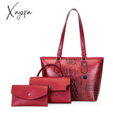 Xajzpa - 3Pcs Crocodile Embossed Bag Set Large Capacity Handbag & Crossbody Coin Purse Red / M