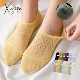 Xajzpa - 5 Pairs Women Socks Solid Colors Mesh Non-Slip Invisible Summer Ankle Slipper Set Hollow Thin Breathable No Show Cotton Candy