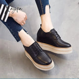 Xajzpa - 7Cm Females Natural Genuine Leather Platform Sneakers Wedge Heels Rubber Hollow Breathable