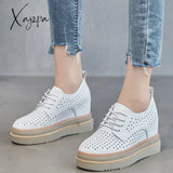 Xajzpa - 7Cm Females Natural Genuine Leather Platform Sneakers Wedge Heels Rubber Hollow Breathable