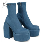 Xajzpa - Ankle Boots Women Fashion High Platform Shaped Heel Chunky Heels Zipper Designer Shoes 44